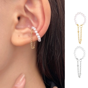 Boucles d'oreilles clips perles avec longues chaînes en finitions or et argent