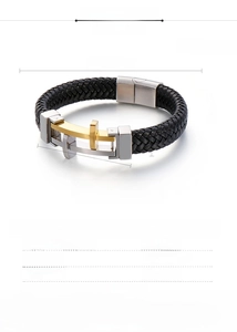 Detail of 316L stainless steel cross clasp on braided cowhide leather men's bracelet