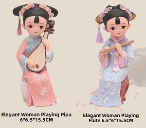 Detailed close-up of 15.5cm vintage Chinese style girl figurines with pipa and flute
