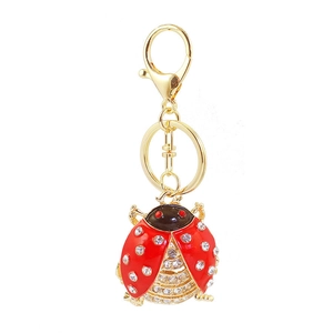 Sparkling crystal rhinestone beetle keychain with red enamel for handbags and keys