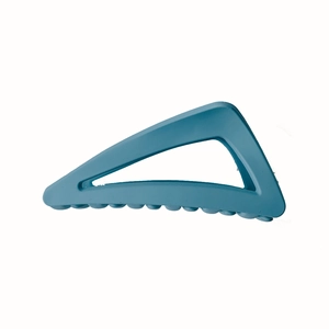 Matte teal triangular claw clip for hair styling on a plain white background