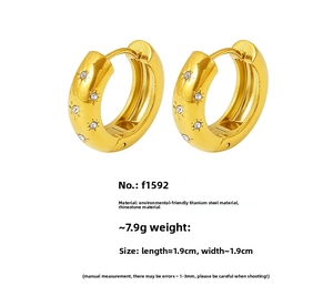 Detailed specs of gold titanium hoop earrings with starburst crystal inlay