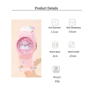 Detailed size specifications of pink unicorn kids watch with 3.3cm dial diameter