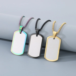 Polished stainless steel dog tag necklaces in rainbow, black, and gold finishes with box chain