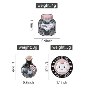 Detail showing weight and size parameters for cat enamel pins in various colors