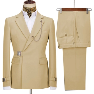 Detail of beige slim-fit suit with metallic chain lapel and side buckle closure