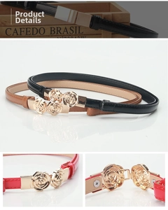 Detail of elegant waist belts with golden rose buckles in black, brown and red colors