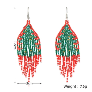 Handmade beaded tassel earrings with Christmas tree pattern showing 9.2cm length detail
