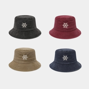 Bucket Hat Washed Cotton Ship Wheel Embroidered Breathable Sun Protection Outdoor Vintage Unisex Nautical Style