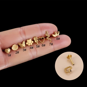 F136 Titanium Heart Butterfly Snake Internal Thread Labret Studs Flat Back Ear Cartilage Piercing Jewelry For Women