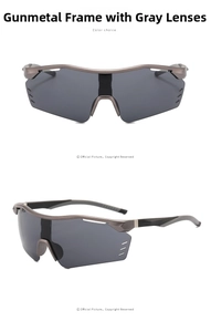 Detail of gunmetal sport sunglasses with side ventilation holes and grey lenses