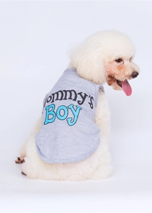 Detail of grey dog vest with 'Mommy's Boy' print on soft breathable knit fabric