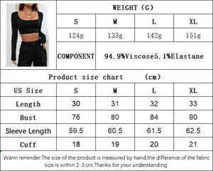 Size chart for black long sleeve cropped top detailing fabric and precise measurements