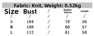 Size chart for jacquard knit sweater showing bust, sleeve length, and total garment length