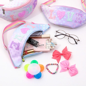 Set of glitter love sequin waist bags with rainbow straps and spacious compartments