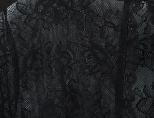 Detailed macro view of black floral lace fabric texture with intricate corset patterns