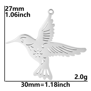 Detailed view of polished stainless steel hummingbird pendant with size 27mm x 30mm