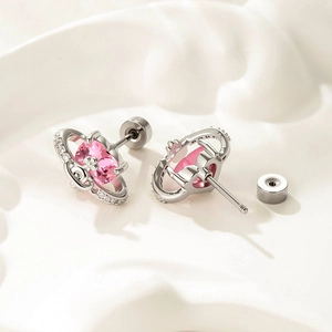 Pink heart zircon planet earrings in titanium steel with screw backs shown from all angles