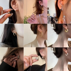 Collage of pearl stud earrings and gold hoop jewelry worn by models for various styles
