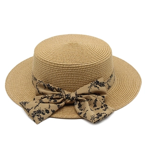 Women Straw Boater Hat Floral Bow Ribbon Wide Brim Summer Sun Protection Beach Travel Elegant Flat Top Breathable