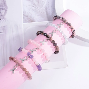 Bracelets en quartz rose et rhodochrosite avec pendentif ruban argenté pour la lutte contre le cancer