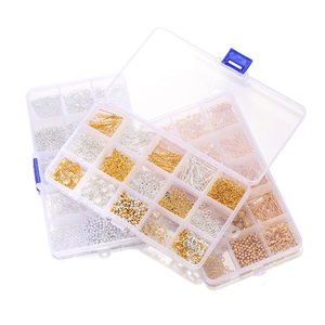 Comprehensive gold and silver jewelry making kit with lobster clasps in a clear 15-grid box