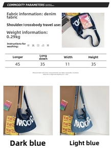 Size chart showing denim bag dimensions 45x35x11cm and material info for MOOD tote