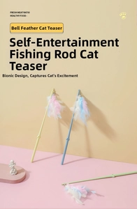 Macro detail of the interactive cat toy showing bionic feathers, small bell, and flexible rod