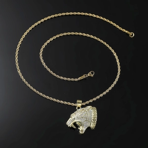 Hip-hop gold plated leopard head pendant necklace with rhinestones on twist chain