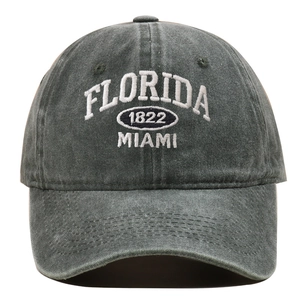 Detailed view of Florida Miami 1822 embroidery on washed cotton baseball cap