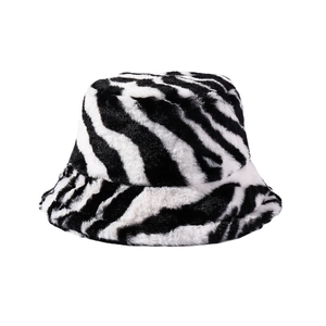 Plush zebra print bucket hat for women in warm faux fur with black and white stripes