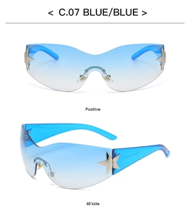 Macro detail of Y2K rimless shield sunglasses with star metal accents and blue gradient lens