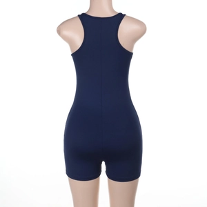 Rear view of navy blue backless bodysuit with sporty racerback cut and slim fit