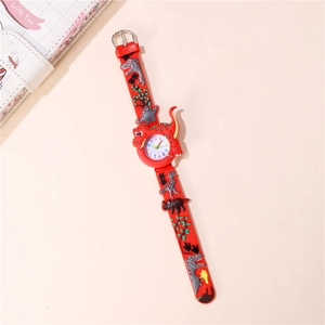 Kids quartz watch with red 3D dinosaur silicone strap and colorful dial for boys and girls
