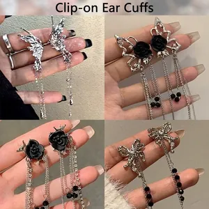 Silver star moon tassel ear cuffs and clips with zircon butterfly and rose design