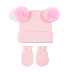 Baby pink knitted hat with large pom-poms and matching mittens set for winter warmth