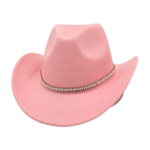 Detail of pink wool fedora hat with faux pearl and rhinestone embellished band