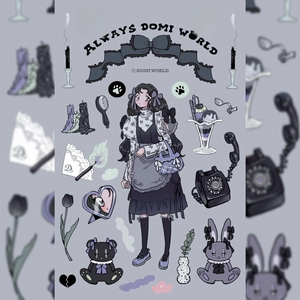 Dark Kawaii Lolita character stickers set with purple candles and vintage phone designs