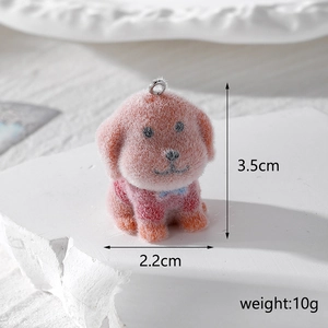 Detailed view of flocked resin dog charm with size 3.5cm x 2.2cm and 10g weight display