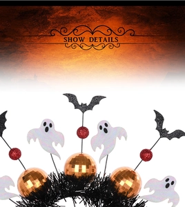 Detail of Halloween headband featuring white ghost, black sequin bat and orange disco ball
