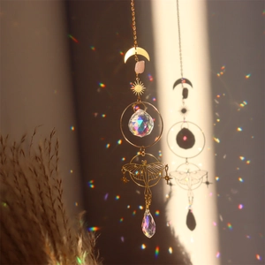 Brass butterfly crystal suncatcher with rose quartz and moon star window hanging ornament