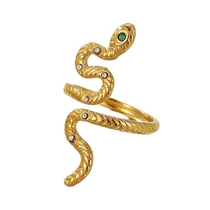 Luxurious 18K gold-plated snake wrap ring with green gemstone eye and crystal accents