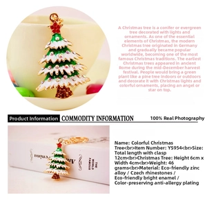 Detail of Christmas tree keychain with colorful rhinestones and green enamel finish