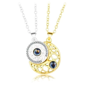 Magnetic sun and moon couple necklaces with projection stones in gold and silver finish
