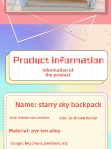 Detailed product specifications for starry sky backpack keychain in PVC and alloy material