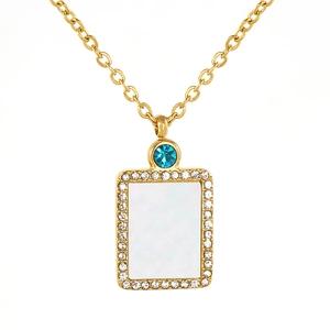 Gold stainless steel rectangle shell pendant necklace with blue zircon and CZ crystals