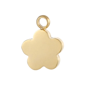 Polished gold flower pendant with round loop and smooth surface on white background