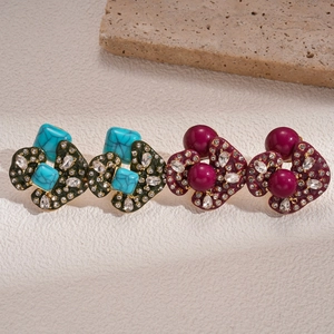 Vintage acrylic geometric earrings set with turquoise blue and wine red enamel finish