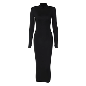 Elegant black turtleneck long sleeve slim fit maxi dress for women in minimalist style