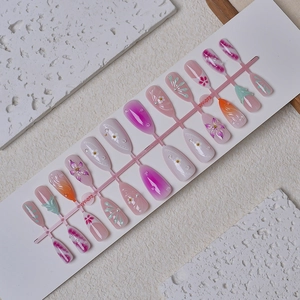 French medium almond press-on nails with 3D floral carving and pearl accents set